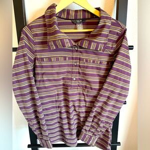 Nice striped Mountain Hardware button down. Purple with lime stripes.
